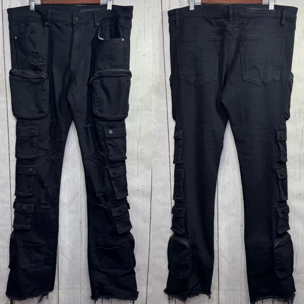 Rockstar Original Konrad Black Flare Cargo Jeans Distressed 36 Streetwear Y2K